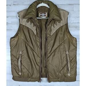 PIONEER WEAR Puffer Vest XL Mens 80's Brown Suede Yoke Zip Up Western Ranch
